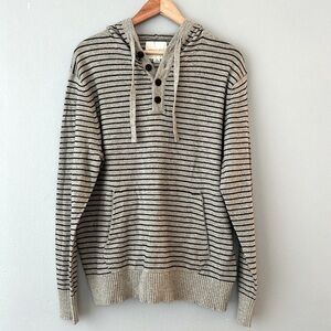 American Eagle • Heather Gray & Navy Striped Hooded Henley Sweatshirt Size Large